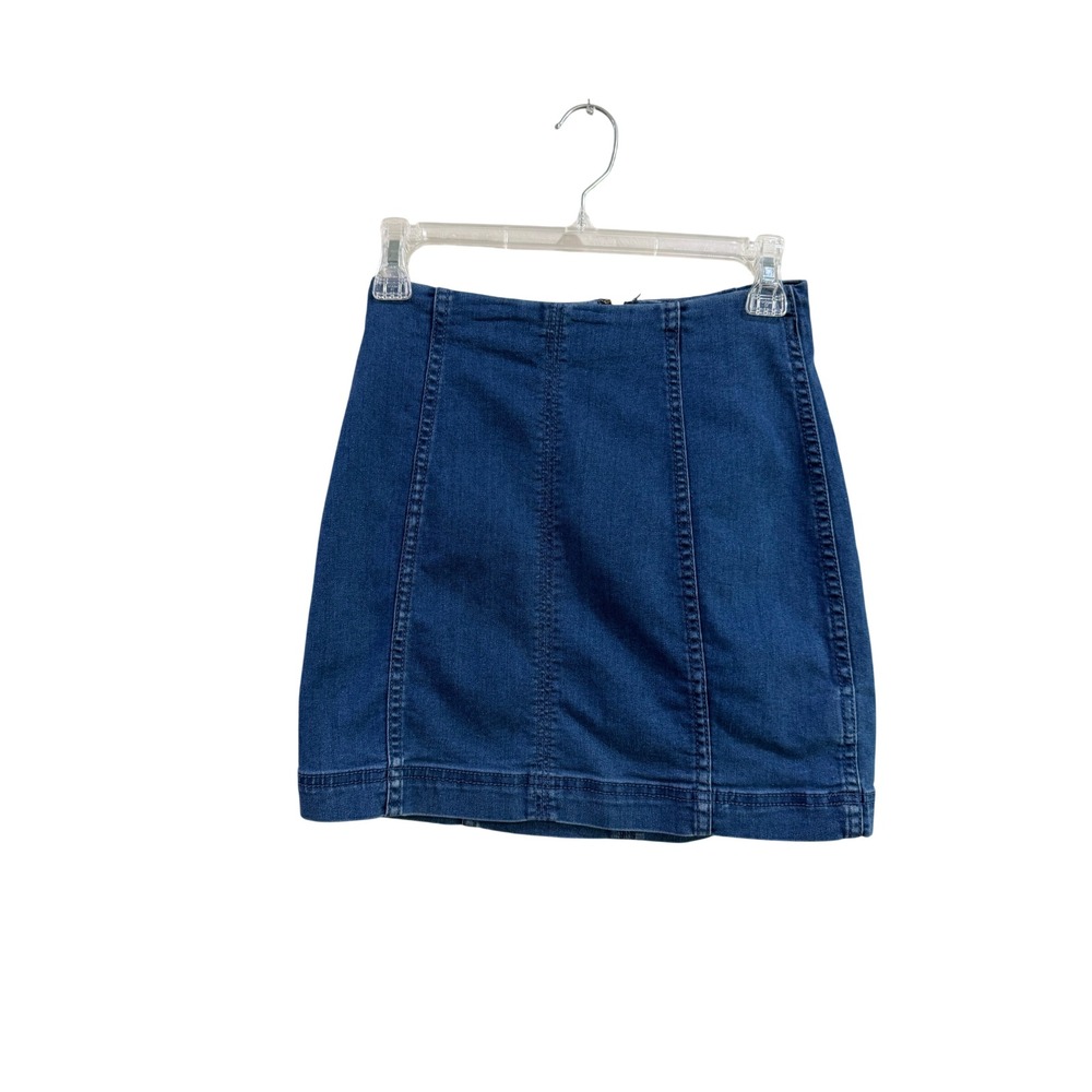Free People Denim Mini Skirt Size 2 Blue High Waisted Back Zip Seamed Stretch